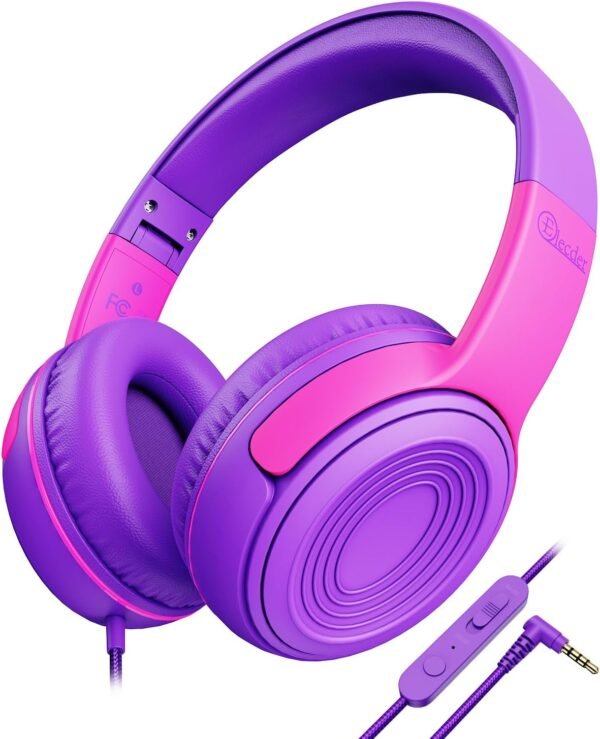 ELECDER Kids Headphones, S8 Wired Headphones for Kids with Microphone for Boys Girls, Adjustable 85dB/94dB Volume Limited, 3.5 mm Jack for School/Kindle/Smartphones/Tablet/Airplane Travel(Purple/Red)