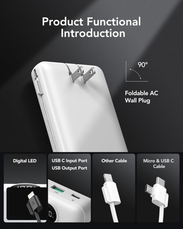 VRURC Power Bank 20000mAh, Fast Charging Portable Charger USB C,4 Output 2 Input Charging Bank Equipped with LED Display,Built-in Wall Plug and Cables,Cell Phone Replacement Battery,White