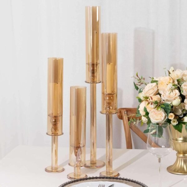 Efavormart Set of 4 Gold Crystal Glass Hurricane Taper Candle Holders with Tall Cylinder Chimney Tubes - 14", 18", 22", 26"