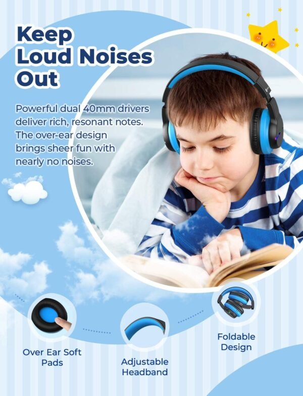 iClever BTH12 Kids Bluetooth Headphones,Colorful LED Lights Wireless Kids Headphones,74/85dBA Safe Volume,85H Playtime,Bluetooth 5.2,Over Ear Headphones Built-in Mic for iPad/Tablet/Airplane,Black