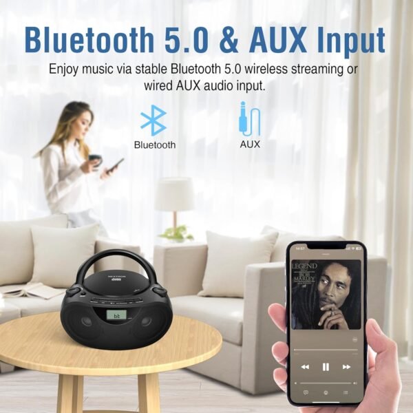 Portable Stereo CD Player Boombox with AM/FM Radio, Bluetooth, USB, AUX-in, Headphone Jack, CD-R/RW and MP3 CDs Compatible, Clear and Full Sound with Bass Boost, AC/Battery Operated – Black