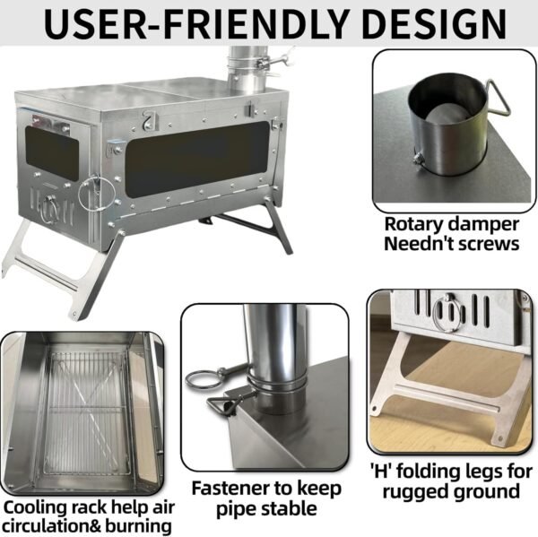 DANCHEL OUTDOOR TSG Portable TA1 Titanium Hot Tent Stove - Lightweight Folding Wood Burning Stove with Roll-Up Chimney Pipe Backpacking Camping Cooking(Small/Large Size Options)