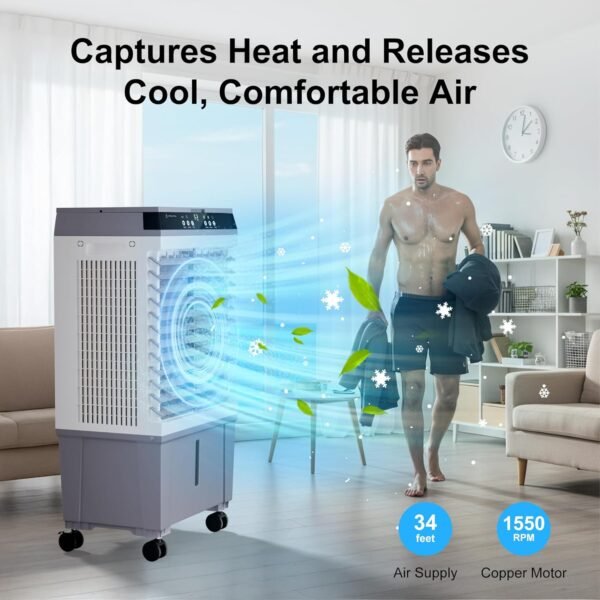 Swamp Cooler Air Conditioner, Evaporative Air Cooler with 5.3 Gallon Water Tank, 4 Ice Box, Remote, 12H Timer, 120°Oscillation, Portable Cooling Fan with 3 Speeds for Bedroom Home Office