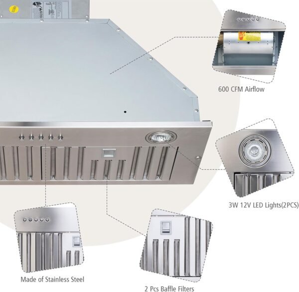 Vanity Art 600CFM Range Hood 28-inch, Ducted Range Hood Insert Stainless Steel, Kitchen Vent Hood, Kitchen Chimney Vent With 2 Blowers 3 Speed Button Control, LED Lights ETL Certified