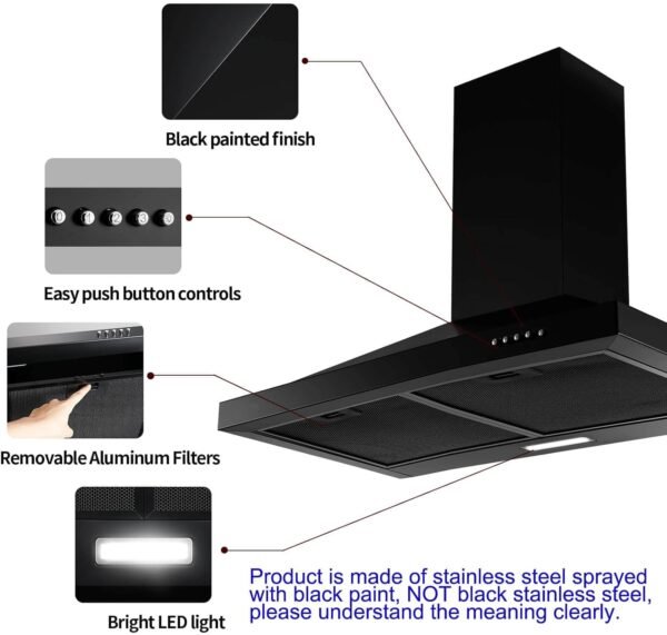 SNDOAS 24 inch Range Hood Black Range Hood, Ductless Range Hood with Energy Saving LED Light,Wall Mount Kitchen Hood,Over Stove Vent,Stainless Steel Chimney-Style Range Hood,Black Vent Hood