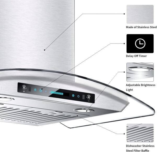 IKTCH 30-inch Wall Mount Range Hood Tempered Glass 900 CFM, Kitchen Chimney Vent Stainless Steel with Gesture Sensing & Touch Control Switch Panel, 2 Pcs Adjustable Lights(IKP03-30)