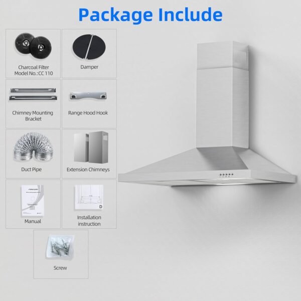 FIREGAS Range Hood 30 inch Wall Mount with Ducted/Ductless Convertible, 450 CFM Stainless Steel Chimney-Style Kitchen Hood, Over Stove Vent Hood with 3 Speed Fan, LED Light, Charcoal Filters