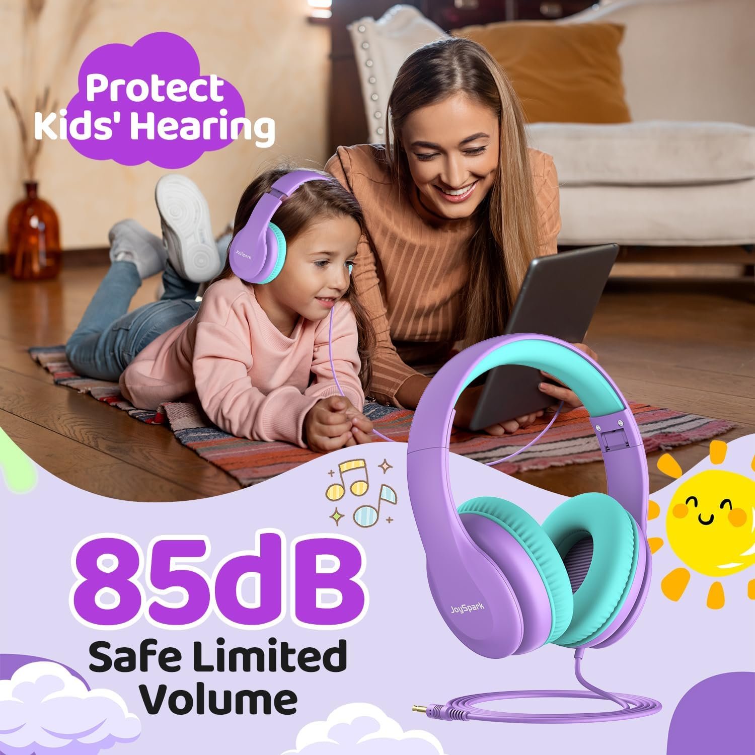 Wired Headphones for Kids, 85dB Volume Limit Toddler Headphones, 3.5mm Kids Headphones with Cord, Adjustable, Stereo Sound Foldable Kids Headphones for School-Purple