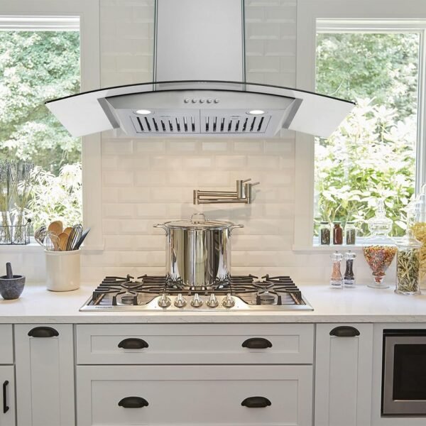 GAOMON 30 Inch Curved Glass Range Hood, Ductless/Ducted Convertible Stove Vent Hood with Chimney, 3 Speed Fan, LED Light, Button Control Vent Hood for Stove Kitchen, 400 CFM