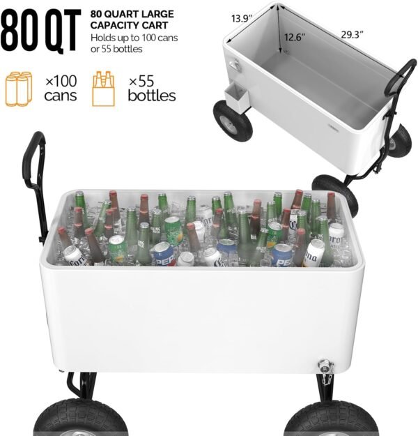 VINGLI 80 Quart Wagon Rolling Cooler Ice Chest, w/Long Handle and 10" Wheels, Portable Beach Patio Party Bar Cold Drink Beverage, Outdoor Park Cart on Wheels