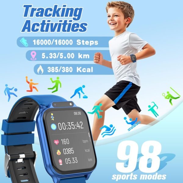 Smart Watch for Kids 1.85" with Fitness Tracker, Sleep Monitor, 22/98 Sport Modes, DIY Dial, IP68 Waterproof, Step Counter, Heart Rate, Camera, with/Without APP, Gift for 3-12 Years Old Boys and Girls
