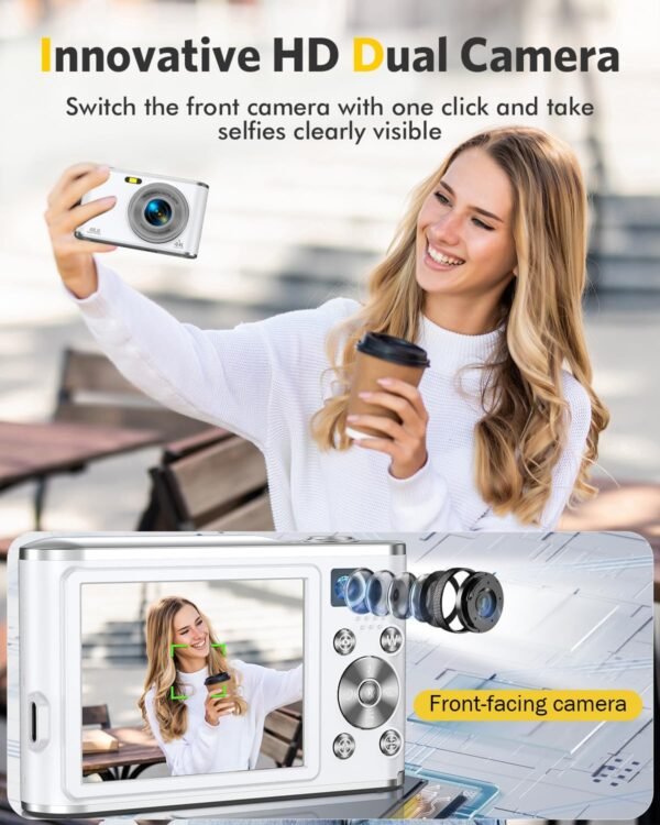 Digital Camera, Auto Focus 4K Vlogging Camera with FHD Dual Camera 48MP 16X Digital Zoom with 32GB Card, YouTube Portable Compact Point and Shoot Camera for Teens Beginner Adult,2 Batteries,White