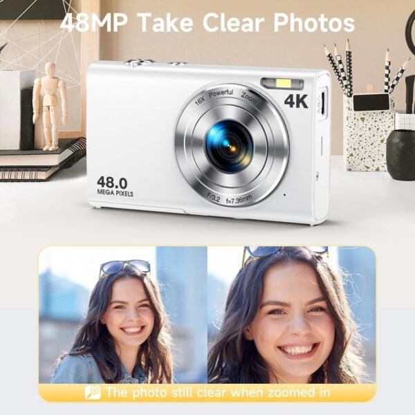 Digital Camera, Autofocus 48MP UHD 4K Vlogging Camera 16X Digital Zoom, Portable Compact Point and Shoot Digital Camera for Teens Adult Beginner with 32GB Card, 2 Batteries, Lanyard(White)