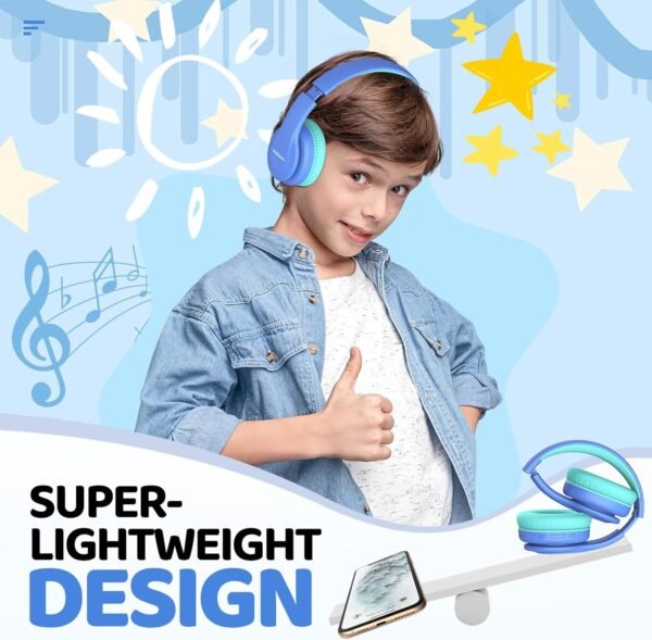 Kids Bluetooth Headphones, Lightweight Kids Wireless Headphones for Kids, 85/94dB Volume Limited, 60 Hours Playtime, Bluetooth 5.3, Over-Ear Toddler Headphones with Built-in Mic-Blue