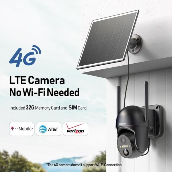 SEHMUA 4G LTE Cellular Solar Security Camera Wireless Outdoor, No WiFi Solar Powered Camera, 360° Live View, 2K Color Night Vision, PIR Motion Sensor, 2 Way Talk, Built in SIM Card