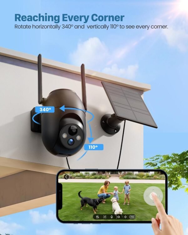 Security Cameras Wireless Outdoor: Solar Cameras for Home Security Battery Wifi Cameras Outside Surveillance Camera PTZ 360° CCTV Camera System with Color Night Vision Motion Sensor Alarm(Not 5G Wifi)