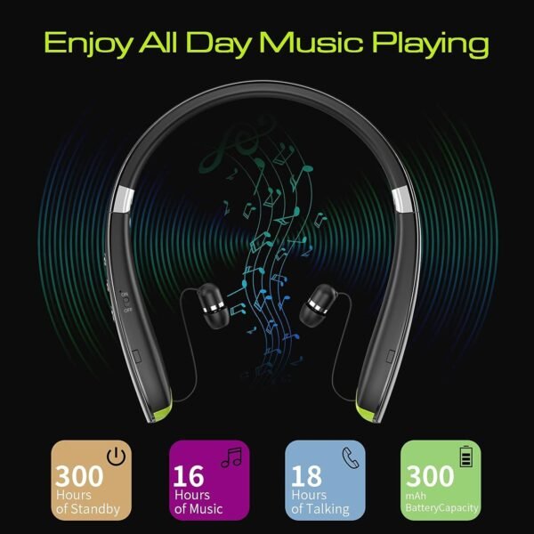 Bluetooth Headset, 2024 Upgraded Neckband Bluetooth Headphones with Retractable Earbuds, Noise Cancelling Stereo Earphones with Mic, Foldable Wireless Headphones for Sports Office with Carry Case