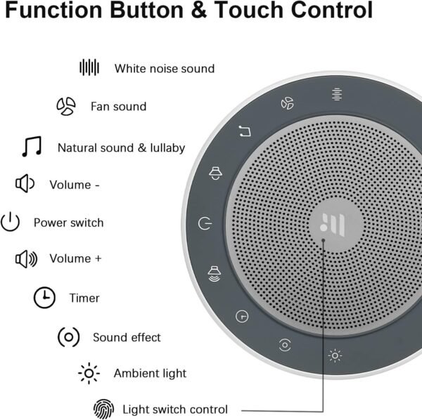 Kipcush White Noise Sound Machine with Nursery Lamp, Mood Lighting, 7 Colour Night Light, 30 Soothing Sounds for Baby/Adult. Timer, Plug in, Memory Function, Touch Control