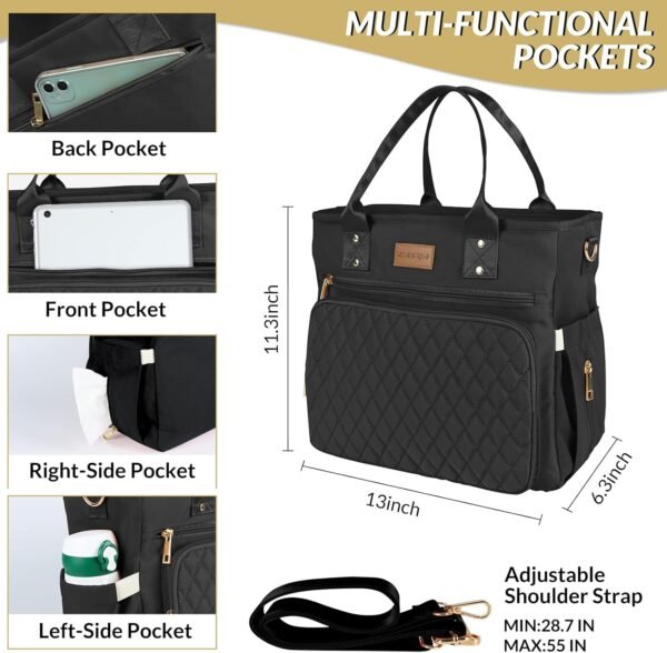 Large Insulated Lunch Bag for Work, Women's Nylon Thermal Lunch Box, Leakproof Cooler Tote Bag with Storage Pocket (Black)