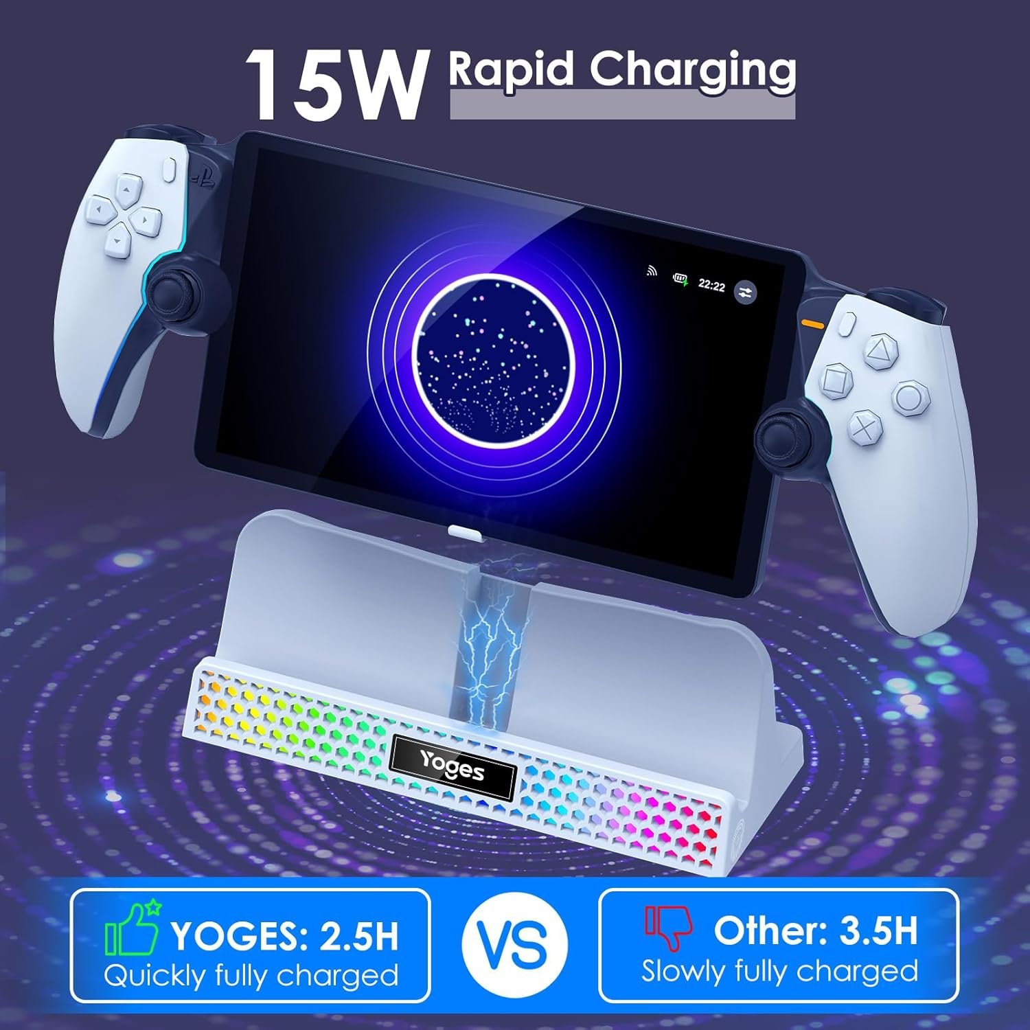 YOGES Charging Dock for PlayStation Portal, 3 in 1 Stand With 14 RGB Light and 4.9ft USB C Cable, Portable Charger Accessories for PS5 Portal Remote Player