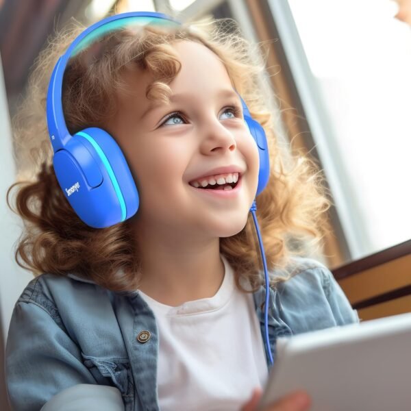 Kids Headphones for School, 3.5mm Jack Wired Headphones for Kids with Safe Volume Limiter, HD Stereo Sound On-Ear Girls Boys Toddler Headphone for Tablet, iPad, Kindle(Blue)