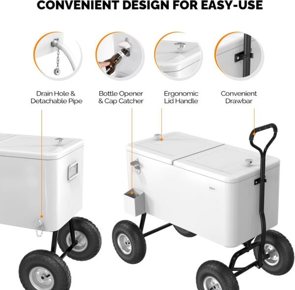 VINGLI 80 Quart Wagon Rolling Cooler Ice Chest, w/Long Handle and 10" Wheels, Portable Beach Patio Party Bar Cold Drink Beverage, Outdoor Park Cart on Wheels