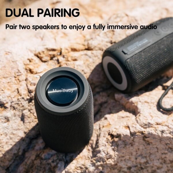 Bluetooth Speaker, MusiBaby Wireless Portable Speaker - Waterproof, Outdoor, Bluetooth 5.0, Dual Pairing, Loud Stereo, Deep Bass, 24H Playtime - Gift Ideas for Home, Party, Travel (BLK)