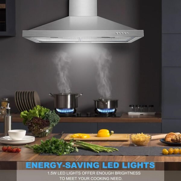 Wall Mount Range Hood 30 inch with Ducted/Ductless Convertible Duct, Stainless Steel Chimney-Style Over Stove Vent Hood with LED Light, 3 Speed Exhaust Fan, 450 CFM