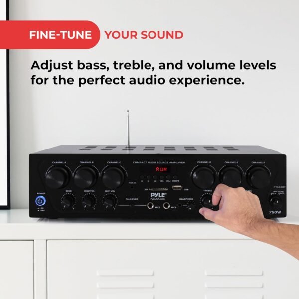 Pyle Wireless Bluetooth Home Audio Amplifier System-Upgraded 6 Channel 750 Watt Sound Power Stereo Receiver w/USB, Micro SD, Headphone,2 Microphone Input w/Echo, Talkover for PA - PTA62BT.5