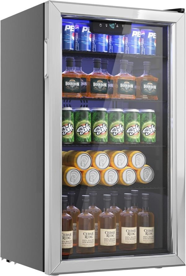 Beverage Refrigerator Cooler - 126 Can Mini Fridge with Glass Door for Soda Beer or Wine, Beverage Cooler for Home, Office, Bar with Adjustable Removable Shelves, Silver