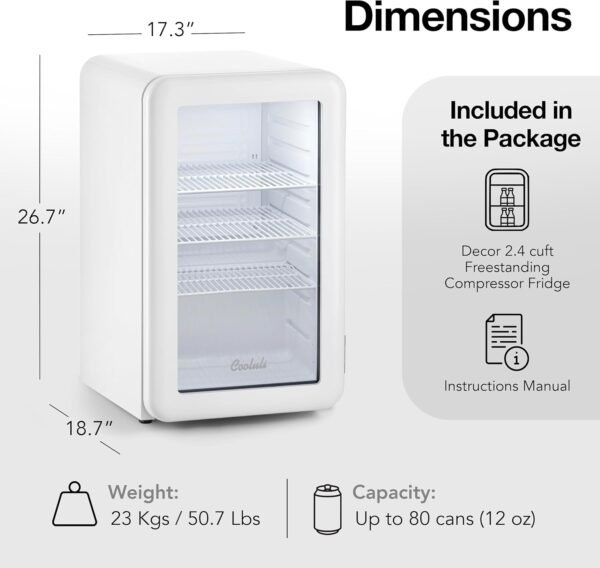 Cooluli Decor 2.4 cu ft Compact Mini Fridge with Glass Door - Small Refrigerator for Bedroom, Office, Dorm - Ideal for Soda Drinks, Beer (White)