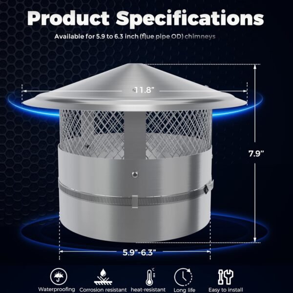 6 Inch Chimney Cap, (6/7/8/9/10/12) inch Stainless Steel Cone Top Chimney Cap with Screen, Adjustable and Reinforced Chimney Cap, Chimney Cover for Vents,Round Rain Cap for All-Round Chimney