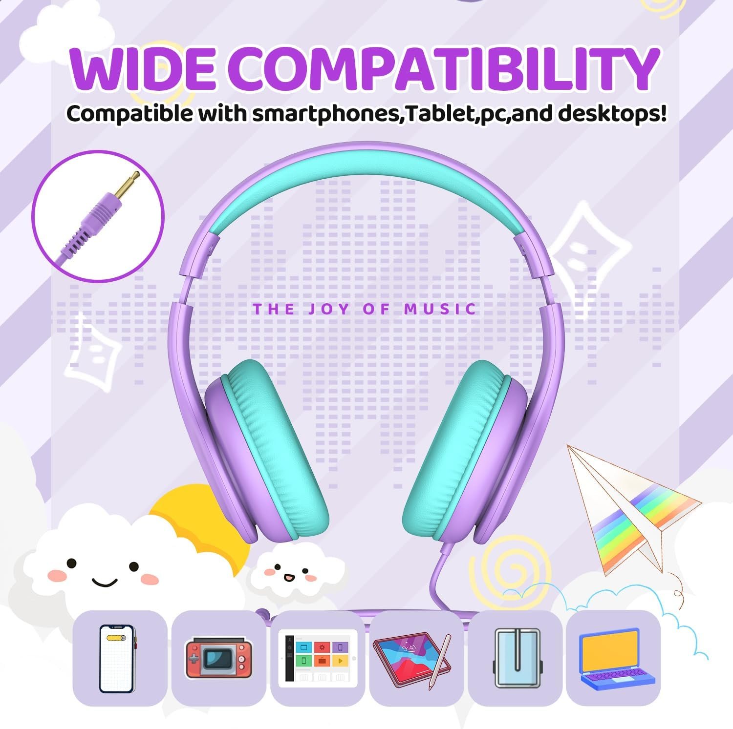 Wired Headphones for Kids, 85dB Volume Limit Toddler Headphones, 3.5mm Kids Headphones with Cord, Adjustable, Stereo Sound Foldable Kids Headphones for School-Purple
