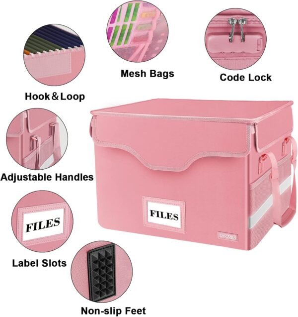 DocSafe File Box Fireproof Document Box with Lock,File Storage Organizer Box with Insert Pockets,Collapsible Portable File Box Home Office File Cabinet Safe for Hanging Letter/Legal Folder,Pink,2 Pack