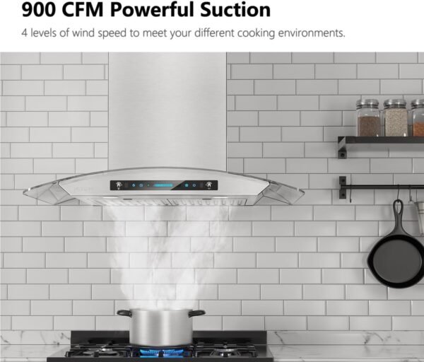 IKTCH 30-inch Wall Mount Range Hood Tempered Glass 900 CFM, Kitchen Chimney Vent Stainless Steel with Gesture Sensing & Touch Control Switch Panel, 2 Pcs Adjustable Lights(IKP03-30)