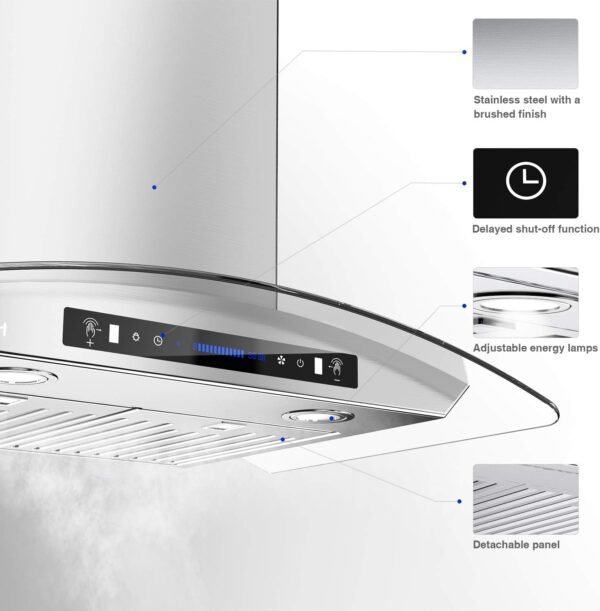 IKTCH 36-inch Wall Mount Range Hood Tempered Glass 900 CFM, Kitchen Chimney Vent Stainless Steel with Gesture Sensing & Touch Control Switch Panel, 2 Pcs Adjustable Lights(IKP03-36)