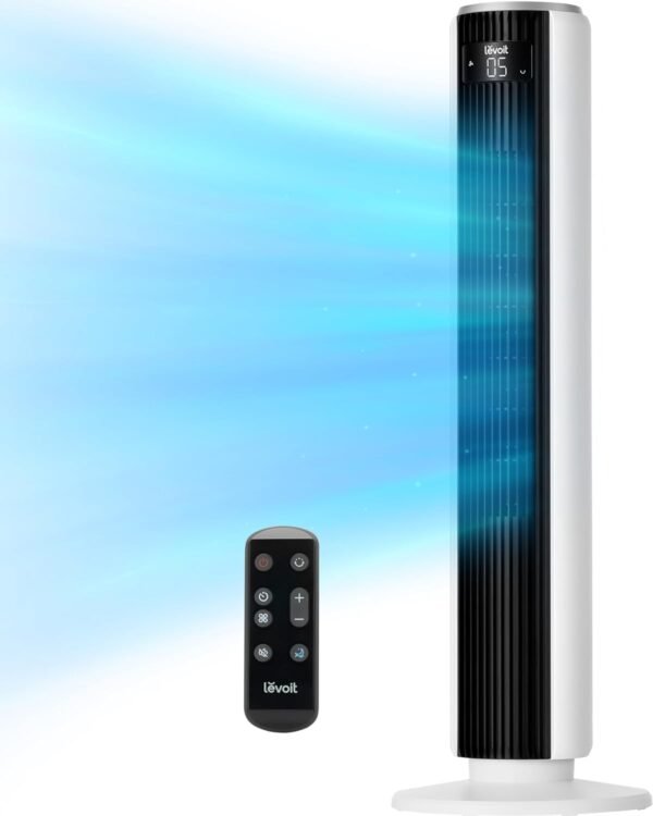 LEVOIT Tower Fan for Bedroom, 25ft/s Standing Fan that Blows Cold Air for Home, Quiet 28dB for Sleep, Remote, 90° Oscillation, 12H Timer, 5 Speeds, 4 Modes with Smart Sensor, Bladeless 36 inch, White