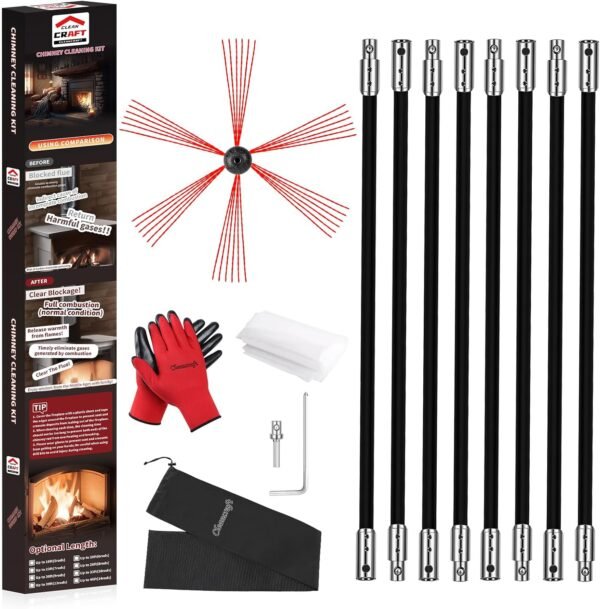 Chimney Sweep Kit - 30 Feet with 9 Flexible Black Chimney Rods, Brush & Rotary Drill-Driven System