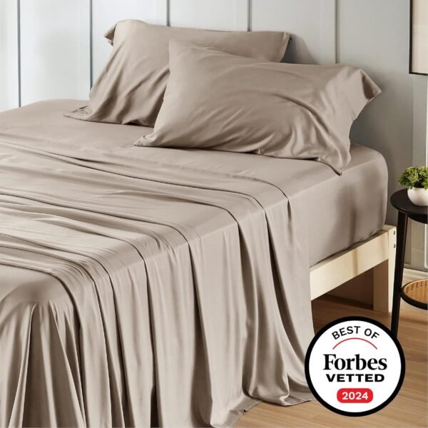 Bedsure King Size Sheet Sets, Cooling Sheets for Hot Sleepers, Rayon Derived from Bamboo, Breathable & Soft Deep Pocket, Hotel Luxury Silky Bedding, Bedsheet & Pillowcases, Simply Taupe