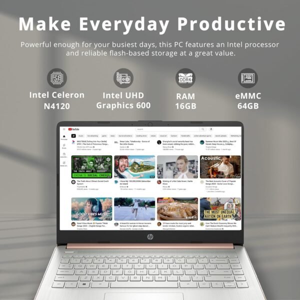 HP Stream 14" HD BrightView Laptop, Intel Celeron N4120 Processor, 16GB RAM, 64GB SSD, Intel UHD Graphics, 720p Webcam, WiFi, HDMI, Win 11 S, Gold (Renewed)