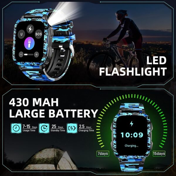 Military Smart Watches for Men (Make/Answer Call) with LED Flashlight 1.96" Screen 430mAh Fitness Tracker with Sport Modes Heart Rate Sleep Monitor Rugged Smartwatch for iPhone Android