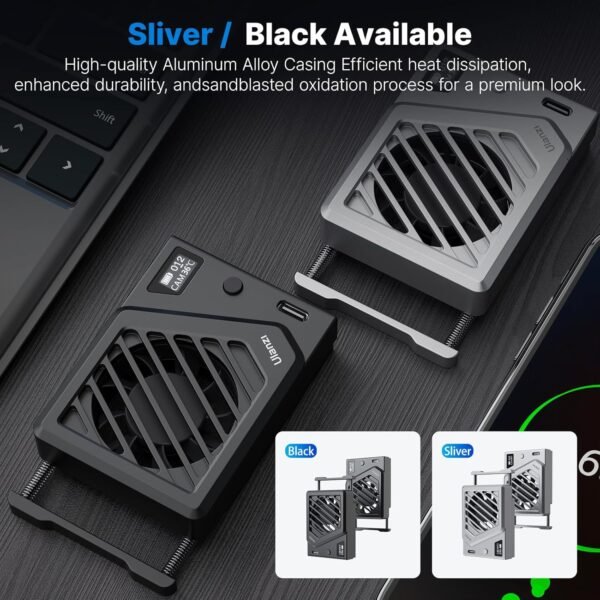 ULANZI Camera Cooling Fan Black New, Spring Telescopic Mounting Adjustable Mini Intelligent Cooling Fan Real-time Monitoring with Type-C Charging Port, Compatible with Sony Canon FUJIFILM Nikon