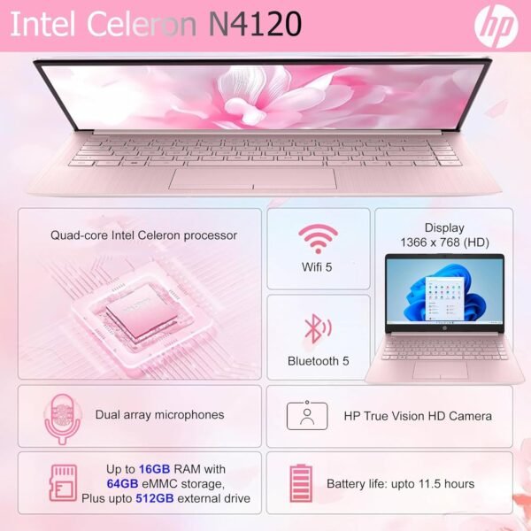 HP Ultralight 14 inch Laptop with Intel 4-Core Processor • with Microsoft 365 and Wireless Earbuds • 16GB RAM • 128GB External & 64GB Onboard & 1TB Cloud Storage • HD Display • Pink • Windows 11