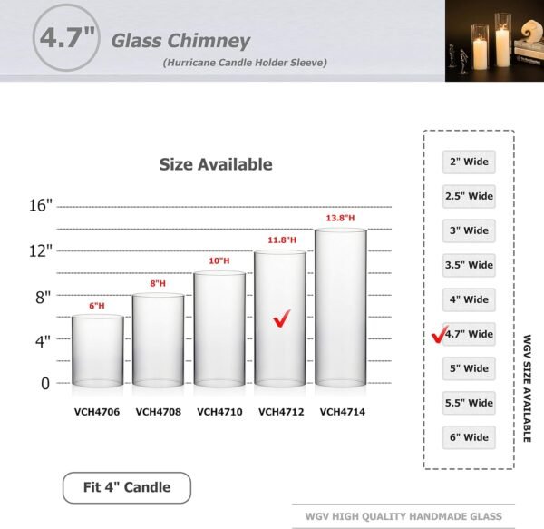 WGVI Hurricane Candle Holder Sleeve, Wide 4.7", Height 12", Clear Glass Cylinder Candleholder, Chimney Tube, Open Ended Candle Shade, 1 Piece