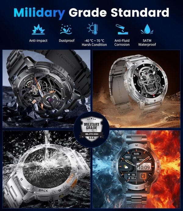 Military Smart Watches for Men(Answer/Make Calls) with LED Flashlight,530mAh Large Battery,1.43’’ AMOLED Heart Rate/Sleep Monitor 5ATM Waterproof Smartwatch for Android iOS,100+Sport Modes,3 Straps