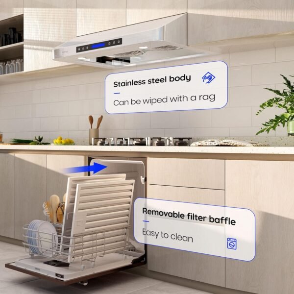 EKON 30 inches Under Cabinet Range Hood, 900 CFM Stainless Steel Kitchen Chimney Vent, 4 Speed Touch Screen Control With Remote 2Pcs 3W LED lights Dishwasher-safe Filters Fan Timer