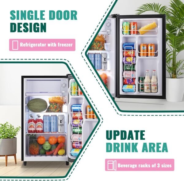 WANAI Refrigerator 3.2 Cu.Ft Single Door Fridge with freezer Refrigerator with 5 Adjustable Temperature LED Lights Removable Storage Shelves Apartment size Refrigerator for Bedroom Dorm Office Silver