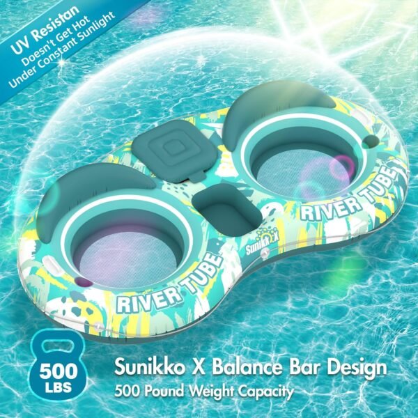 5-in-1 Pool Floats Adult Heavy Duty River Tube, 2 Person Water Lounge Pool Tube Float with Backrests, Built in Cooler, Cup Holders, Deluxe Pool Tube for Summer Relaxation