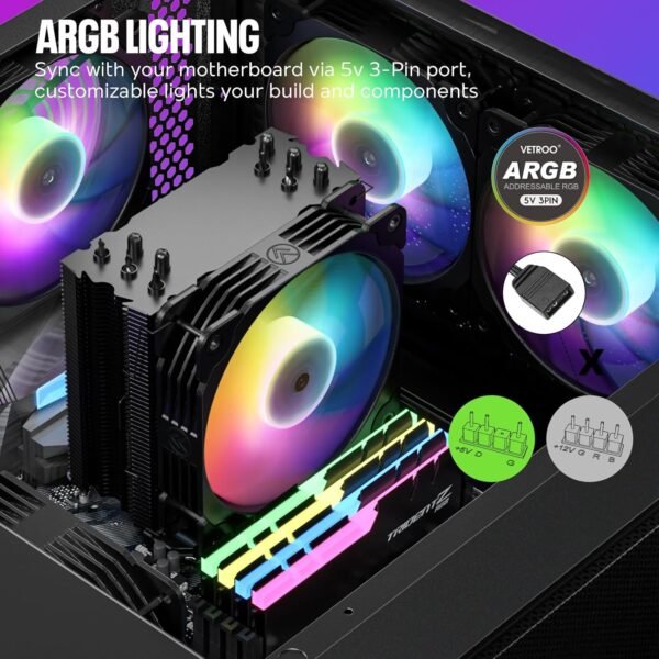 Vetroo V5 CPU Air Cooler with 5 Heat Pipes 120mm FDB PWM Processor Cooling for Intel LGA 1851/1700/1200/115X AMD AM5/AM4, Addressable RGB Lights Sync - Black