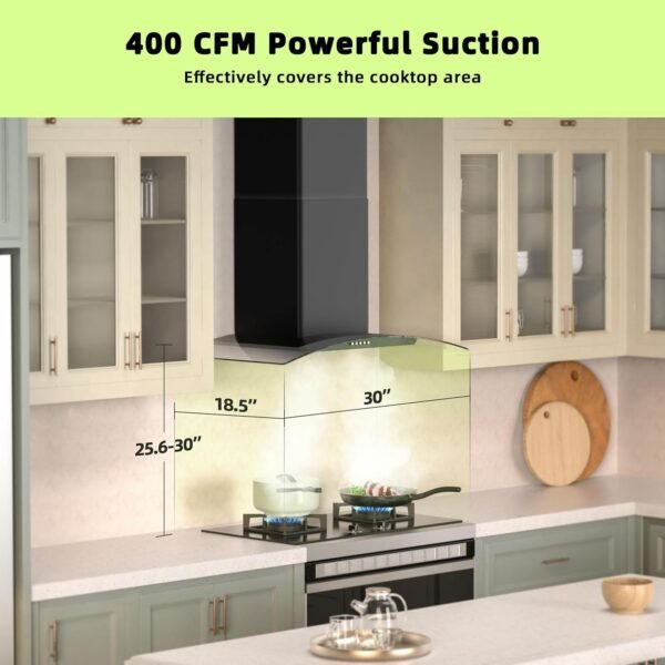 FIREGAS Wall Mount Range Hood 30 inch with 3 Speed Fan,black range hood with tempered glass,400CFM,Push Button Controls, LED Lighting, Permanent Filters in Stainless Steel,includes 2 Charcoal Filters